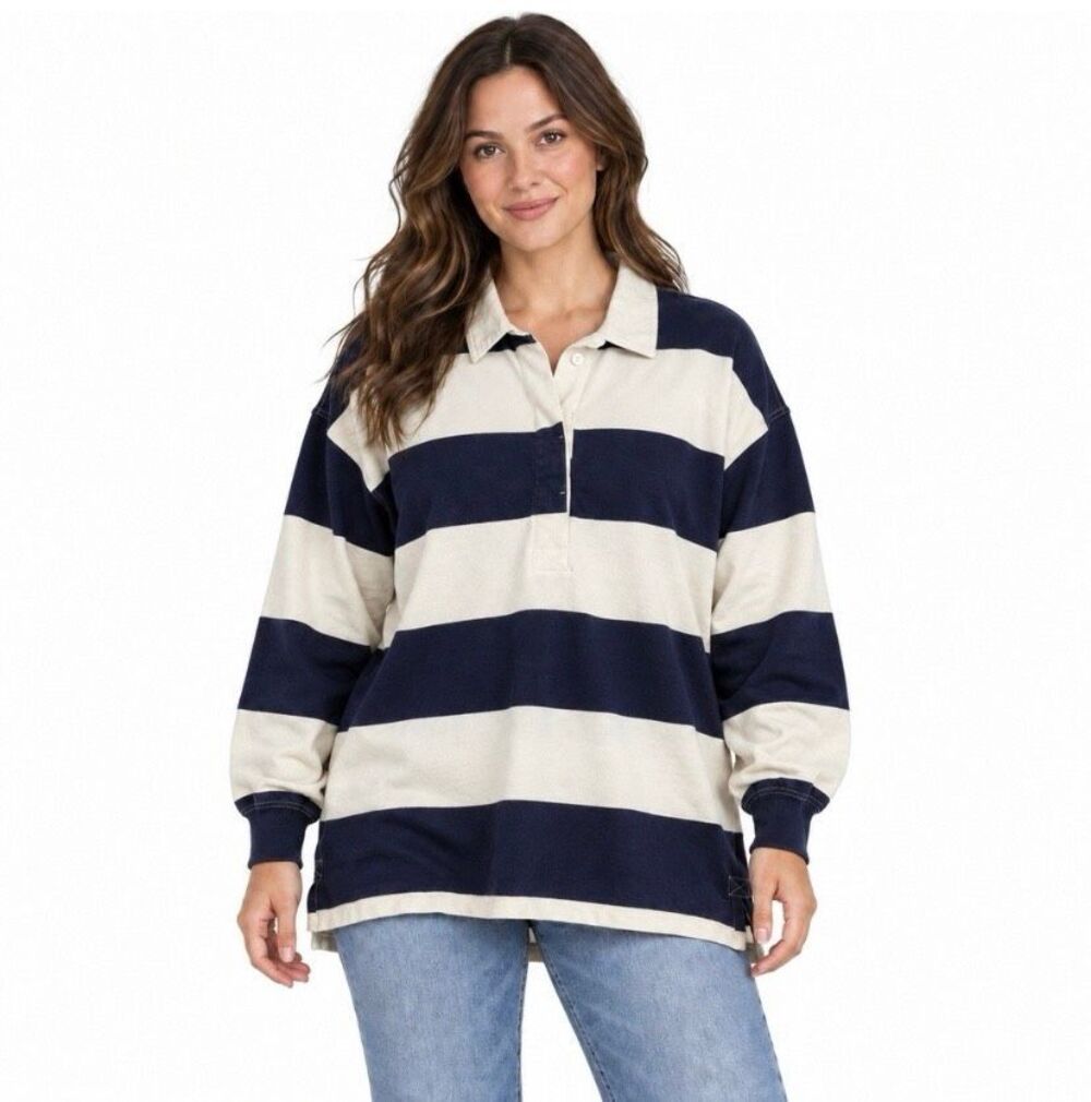 Aerie Rugby Shirt Women Navy Blue White Striped Oversized Long Sleeve